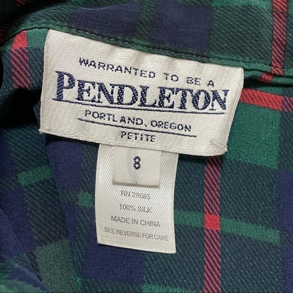 Pendleton 100% Silk Green Blue Plaid Collared Button Front Blouse Sz 8 Petite - Picture 5 of 5